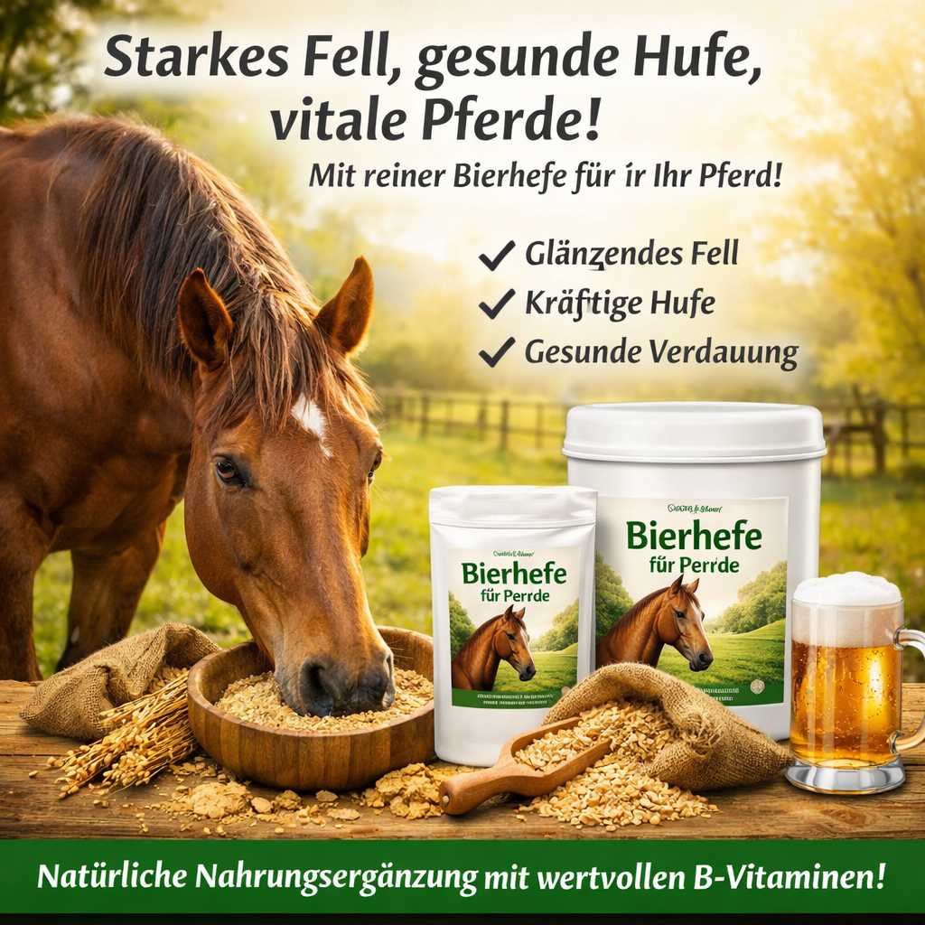 Pferd frisst Futter mit Bierhefe, daneben Produkte mit Bierhefe als natürliche Ergänzung für Fell, Hufe und Verdauung