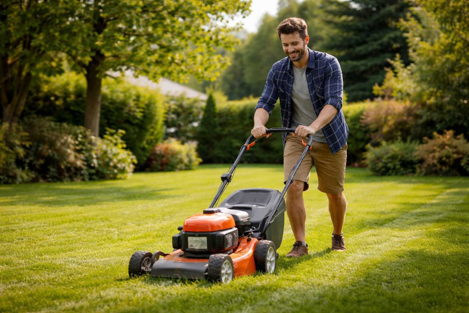 Mann mäht mit Rasenmäher einen grünen Gartenrasen an einem sonnigen Tag