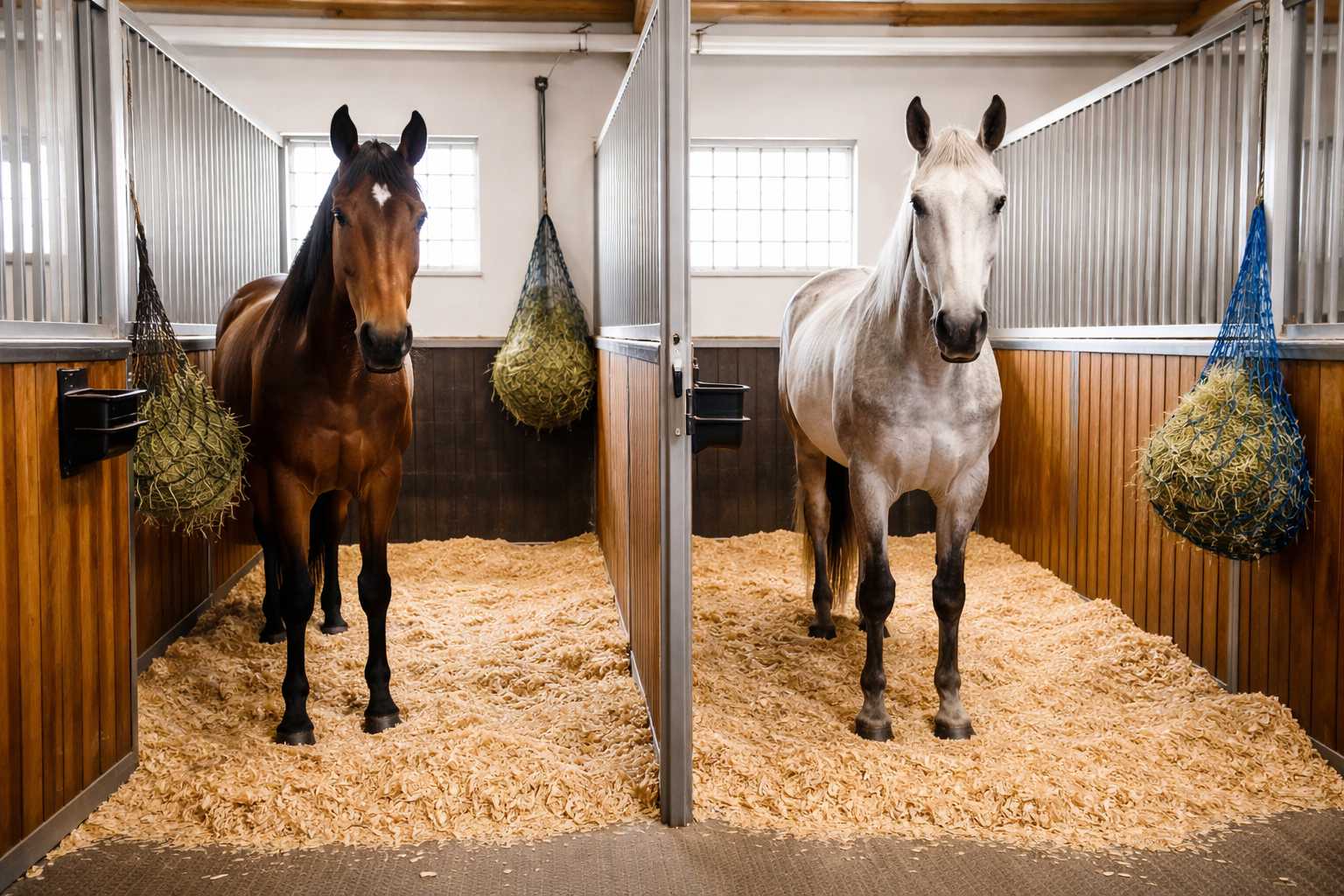 Zwei Pferde stehen in sauberen Stallboxen mit Einstreu und Heunetzen zur Fütterung