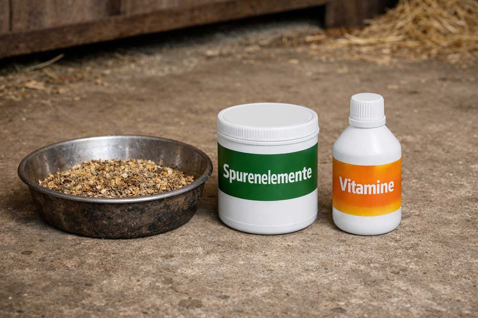 Pferdefutter in einer Schüssel neben Nahrungsergänzungen mit Spurenelementen und Vitaminen für Pferde im Stall
