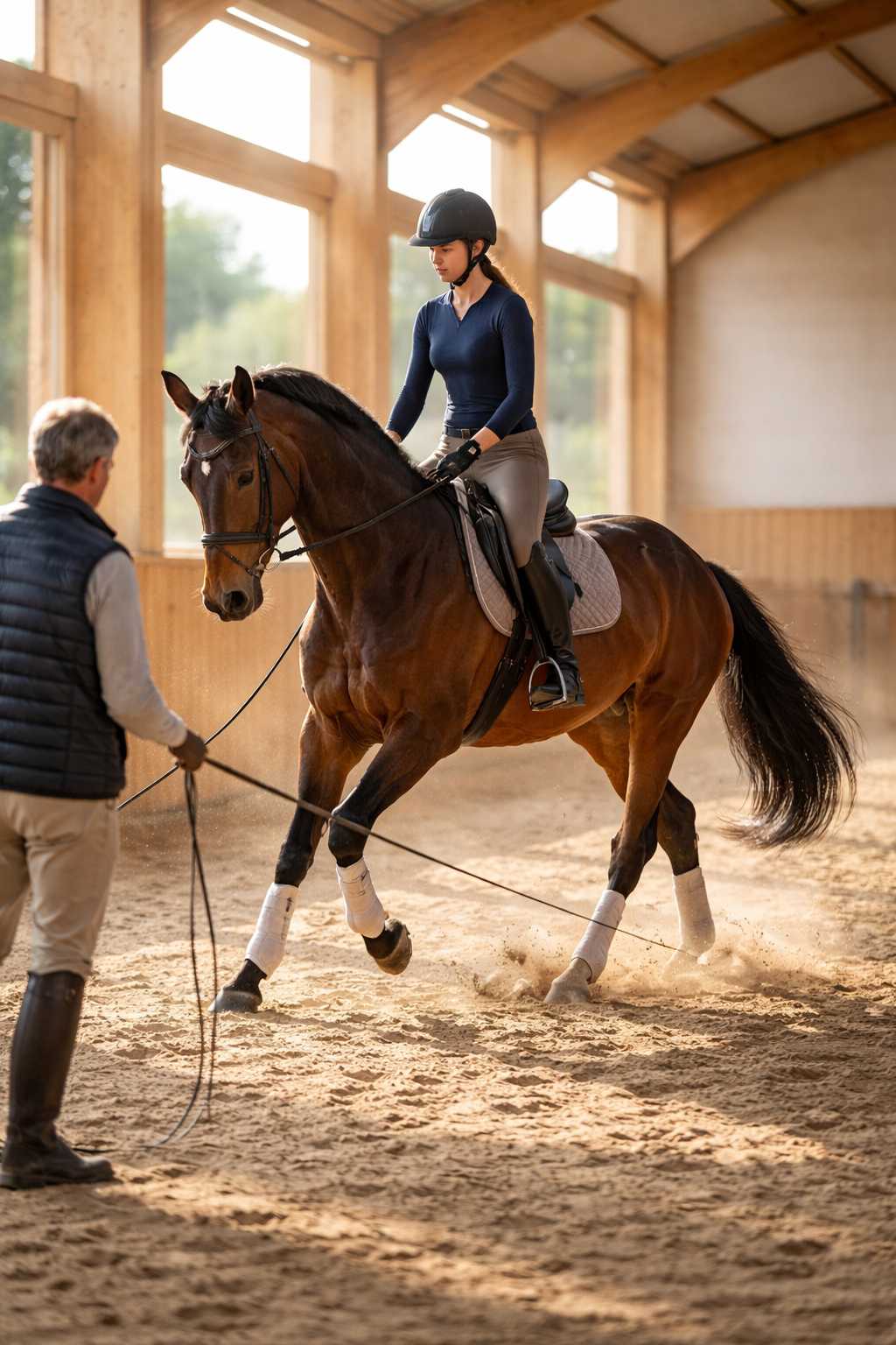 Reiterin trainiert ein braunes Pferd an der Longe in einer hellen Reithalle unter Anleitung eines Trainers