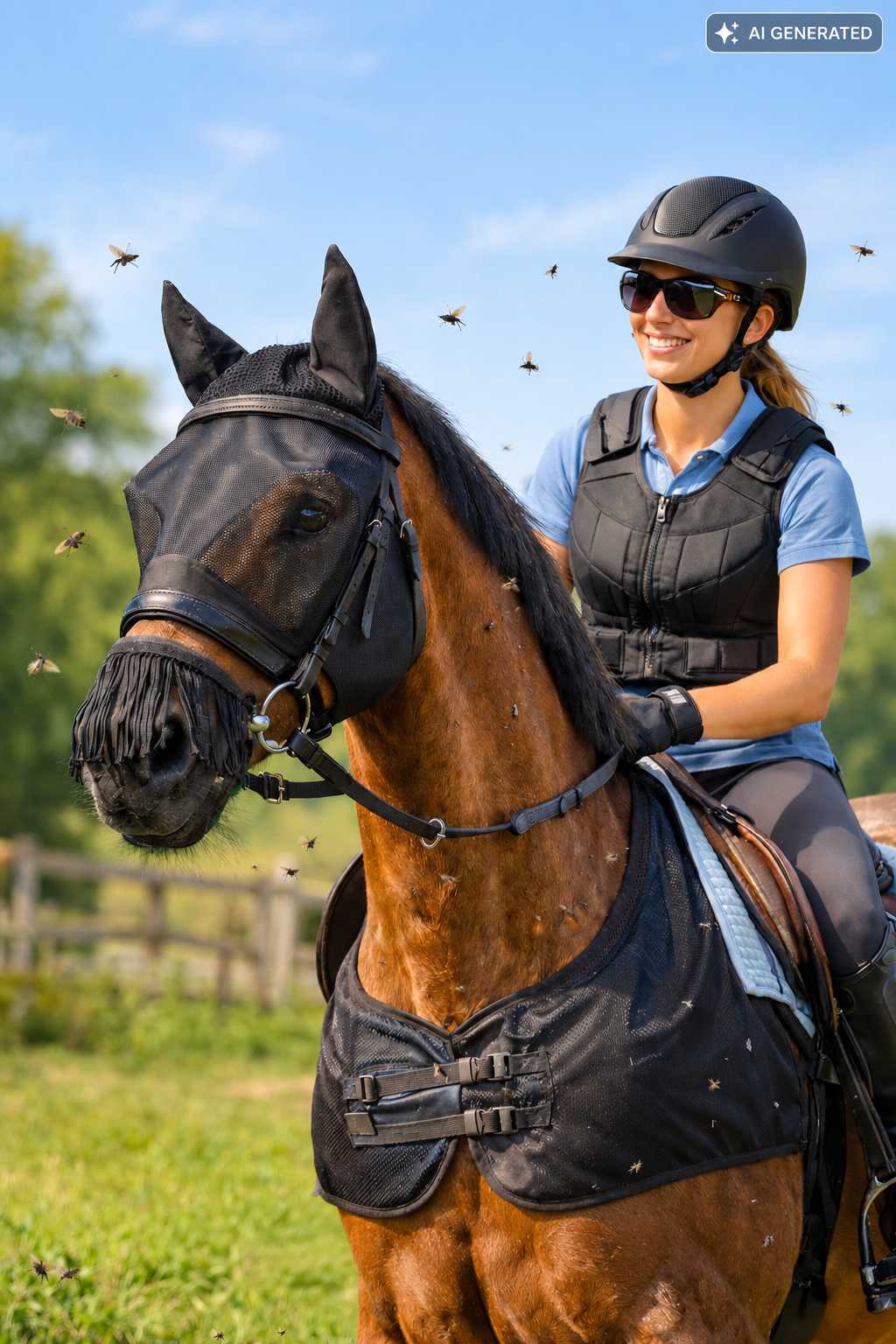 Reiterin mit Helm und Sonnenbrille sitzt auf einem braunen Pferd, das eine schwarze Fliegenmaske mit Ohrenschutz und eine Fliegendecke trägt.