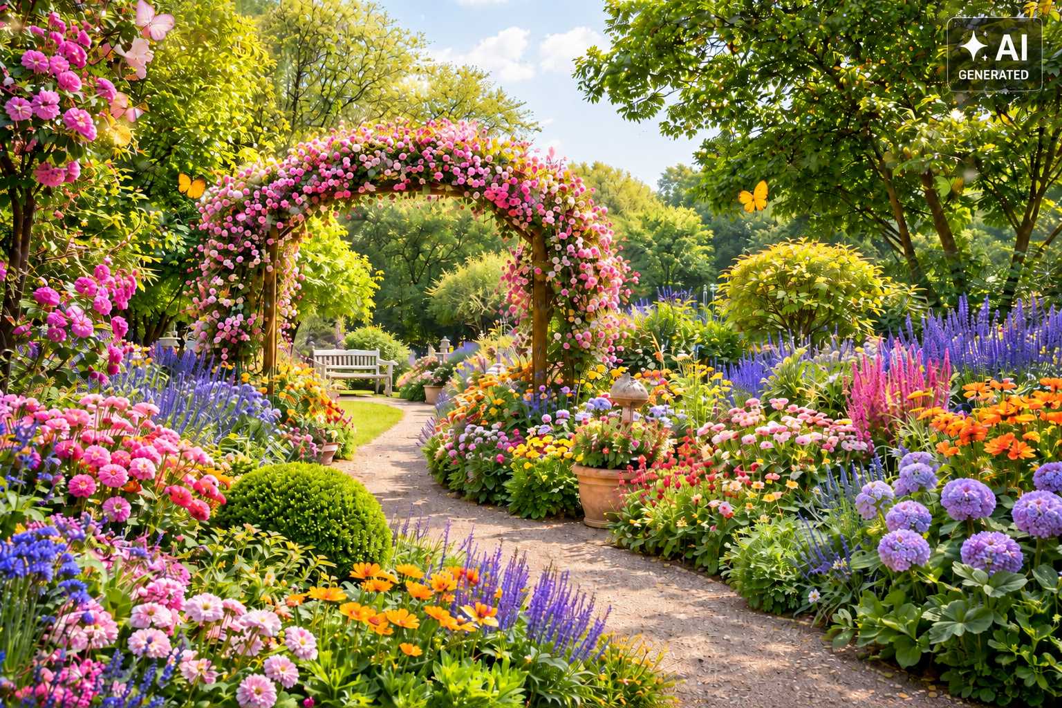 Farbenfroher Gartenweg mit Rosenbogen, Hortensien und üppigen Staudenbeeten