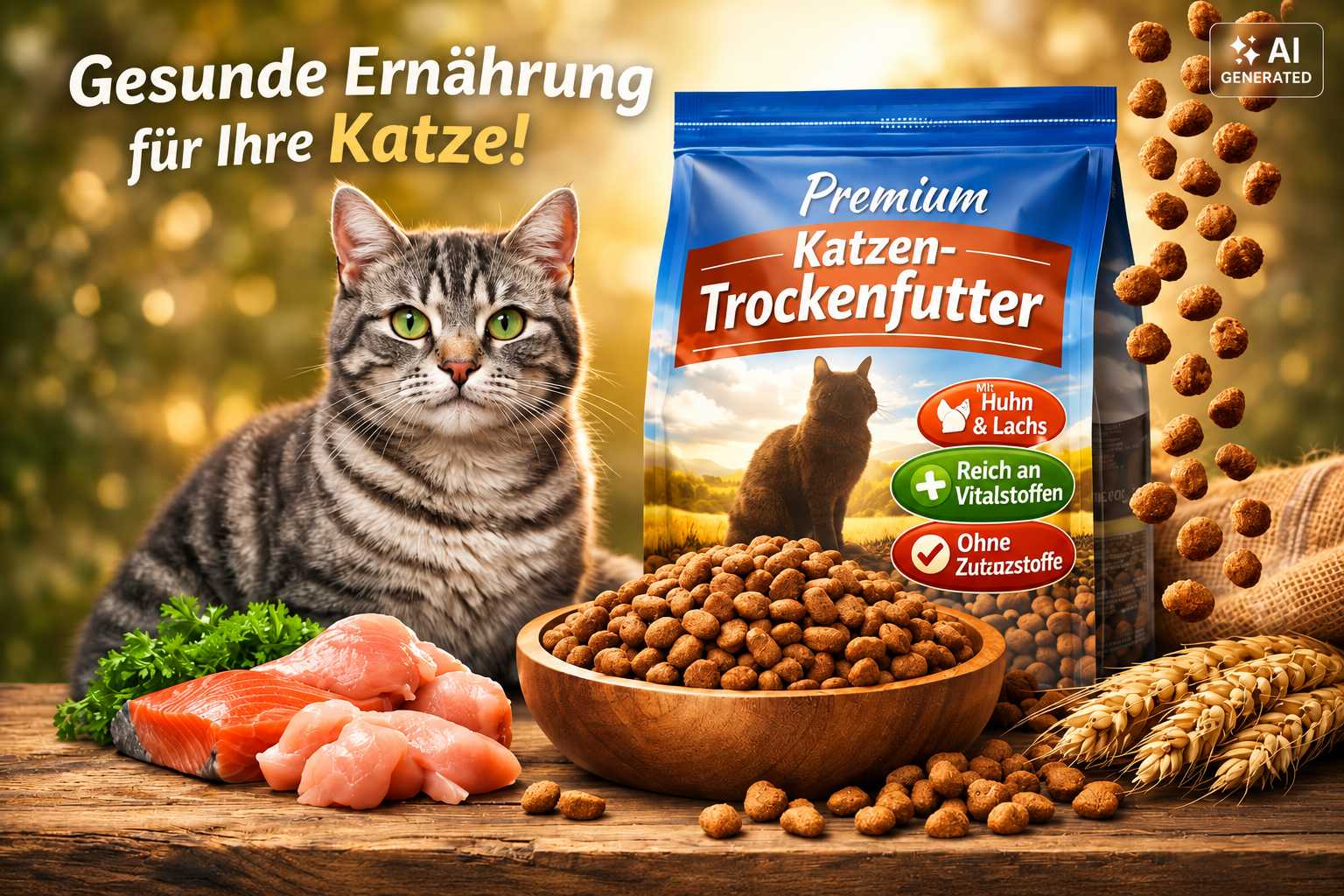 Katze neben einer Schale mit Trockenfutter und Zutaten wie Geflügel und Getreide