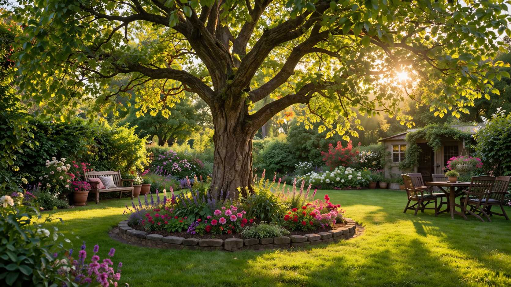 Liebevoll gestalteter Garten mit großem schattenspendendem Baum, rundem Blumenbeet und gemütlicher Sitzecke im Abendlicht