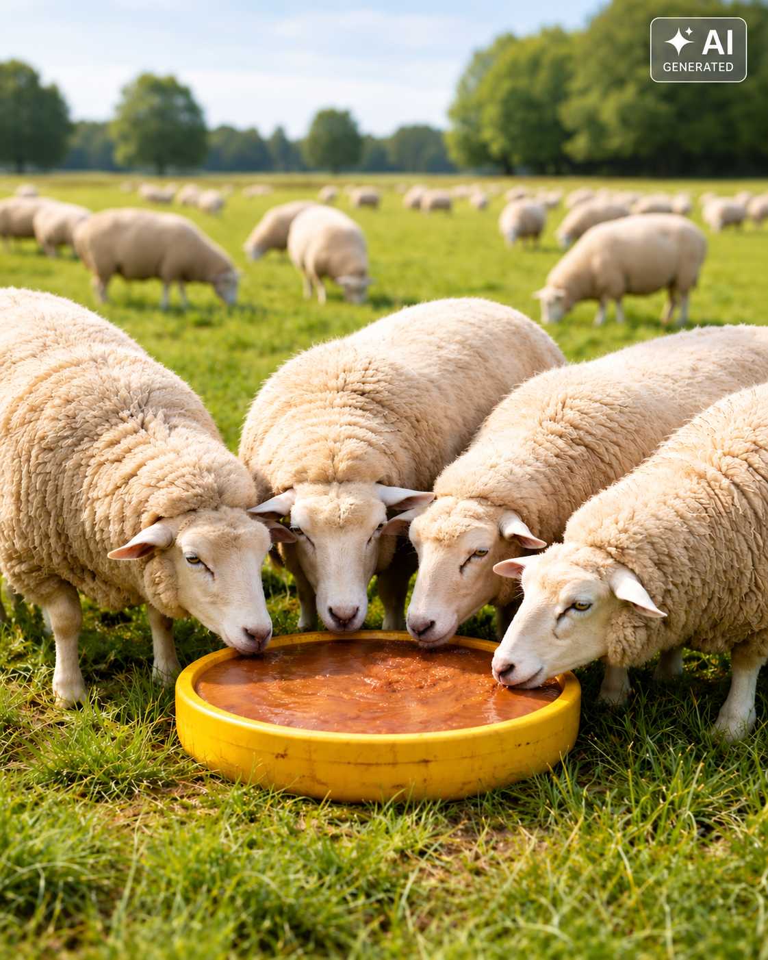 Vier weiße Schafe trinken gemeinsam aus einer gelben Futterschale auf einer grünen Weide. Im Hintergrund grasen weitere Schafe.