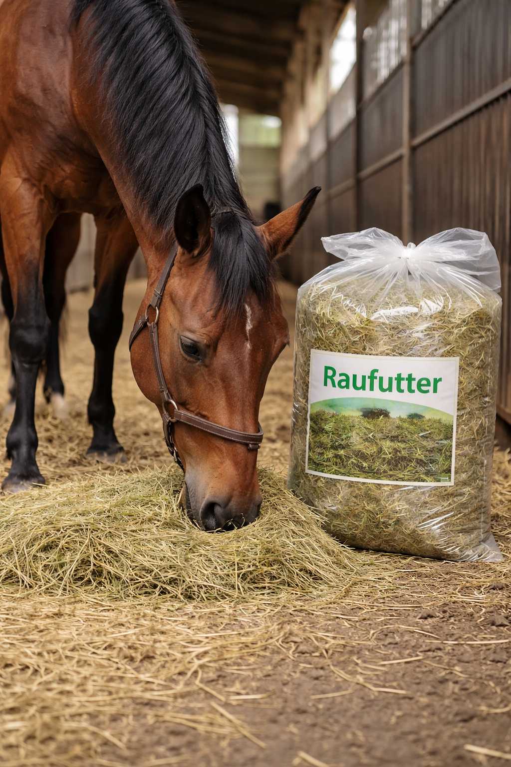 Braunes Pferd frisst Heu als Raufutter im Stall neben einem Sack mit Pferdefutter