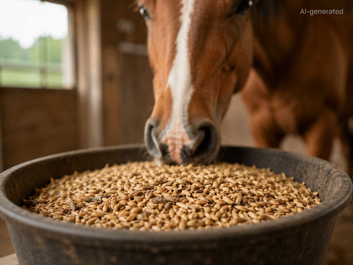 Braunes Pferd frisst Getreidefutter aus einer großen Futterschale im Stall.