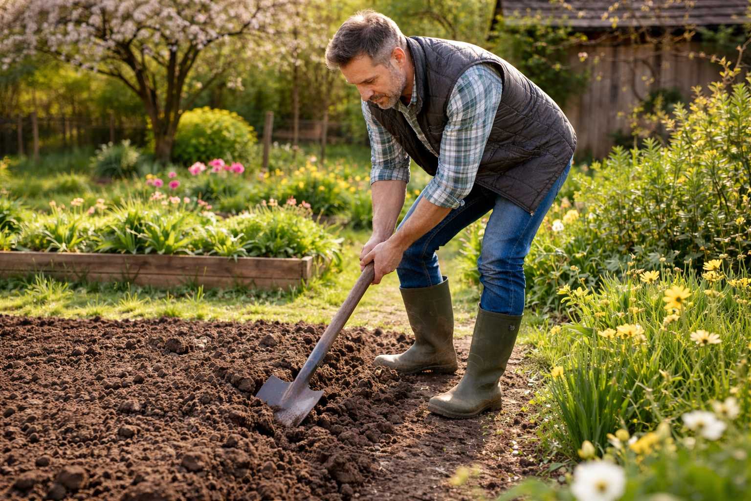 Mann gräbt Gartenboden mit Spaten um und lockert die Erde im Beet