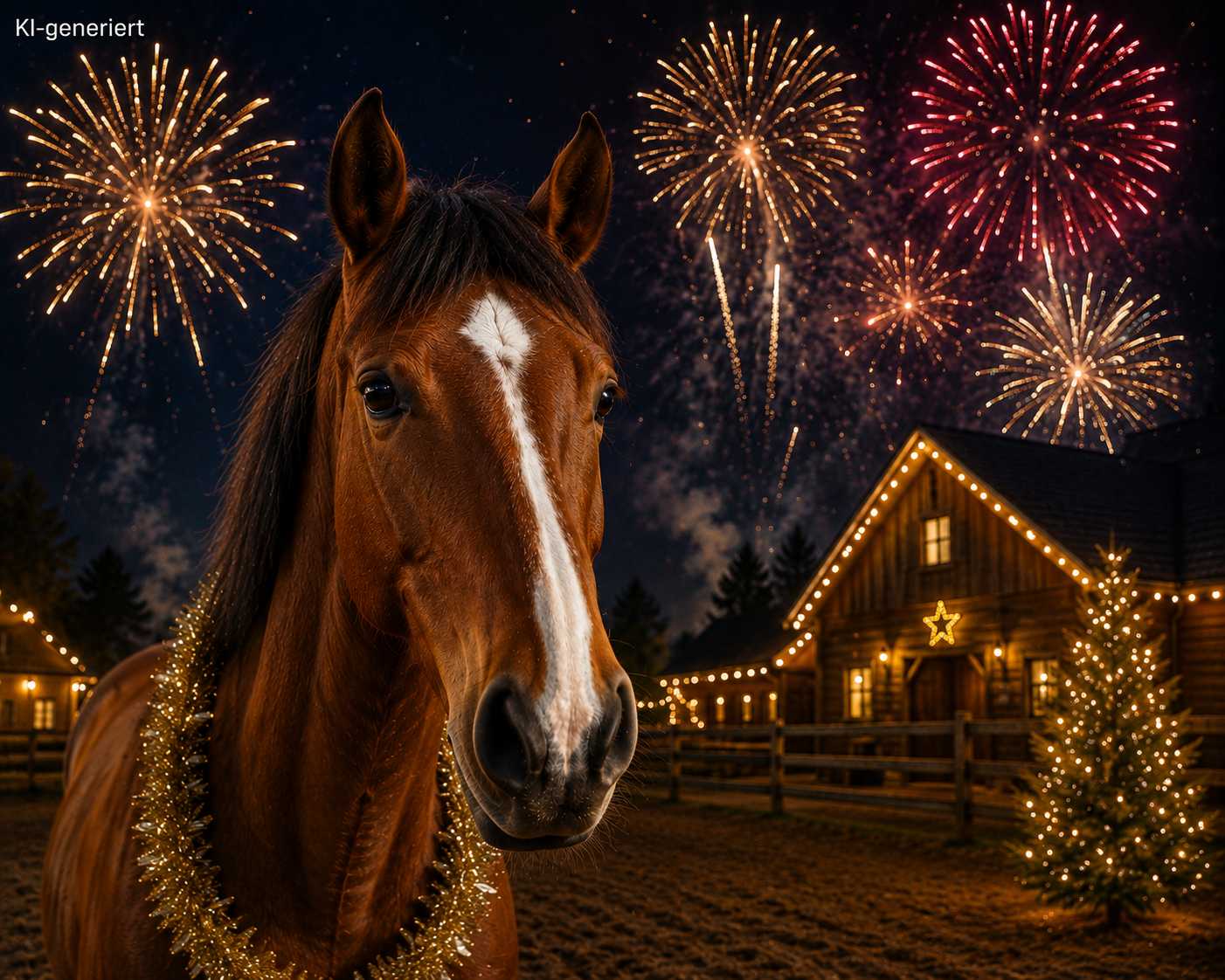 Braunes Pferd vor einem festlich beleuchteten Stall mit Weihnachtsbaum und Feuerwerk am Nachthimmel.