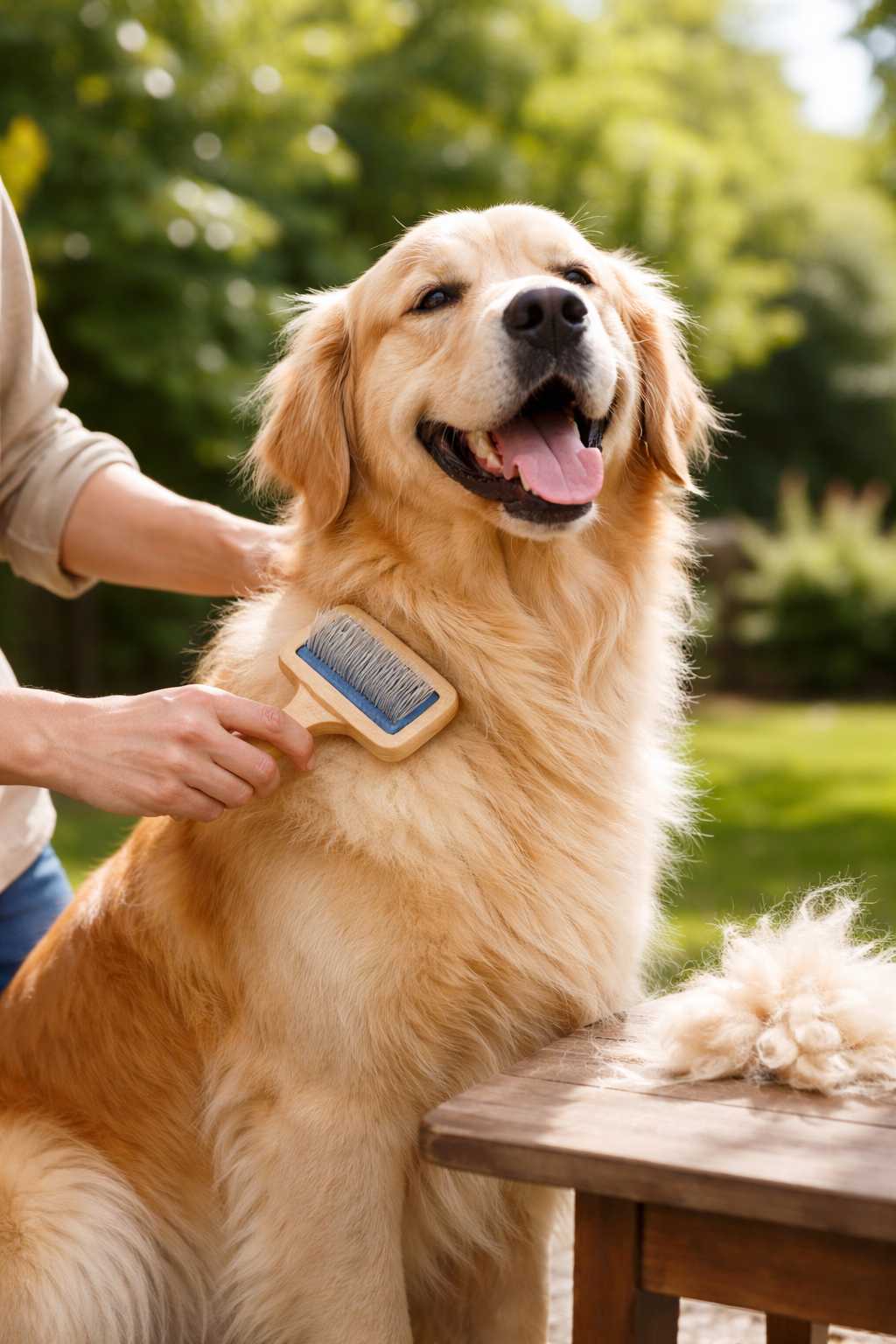 Golden Retriever wird draußen im Garten mit einer Bürste gepflegt, lose Hundehaare liegen auf dem Tisch