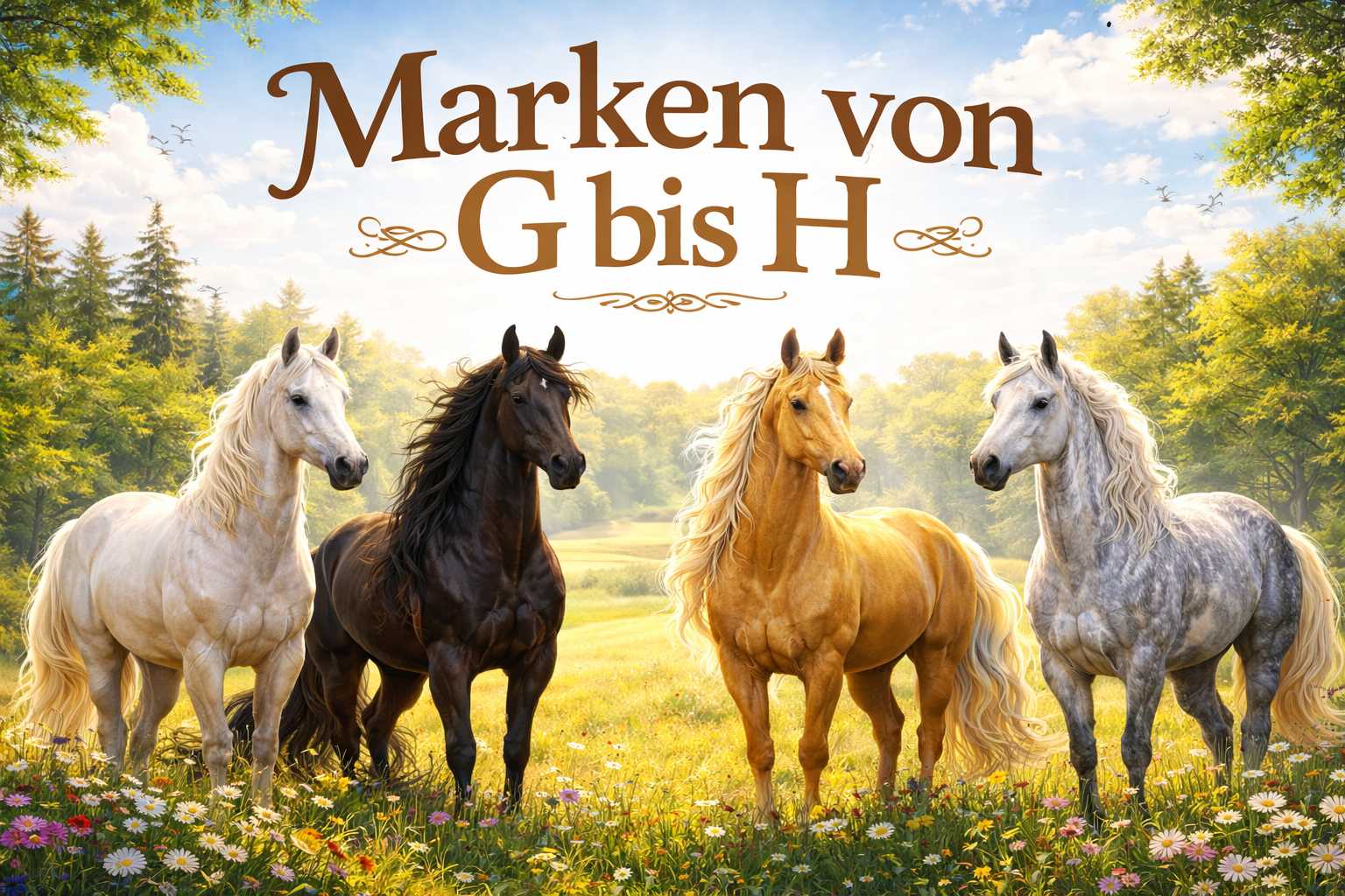 Vier Pferde auf einer blühenden Wiese mit Schriftzug Marken von G bis H