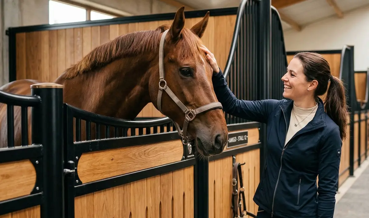 Frau streichelt Pferd am Kopf im Stall