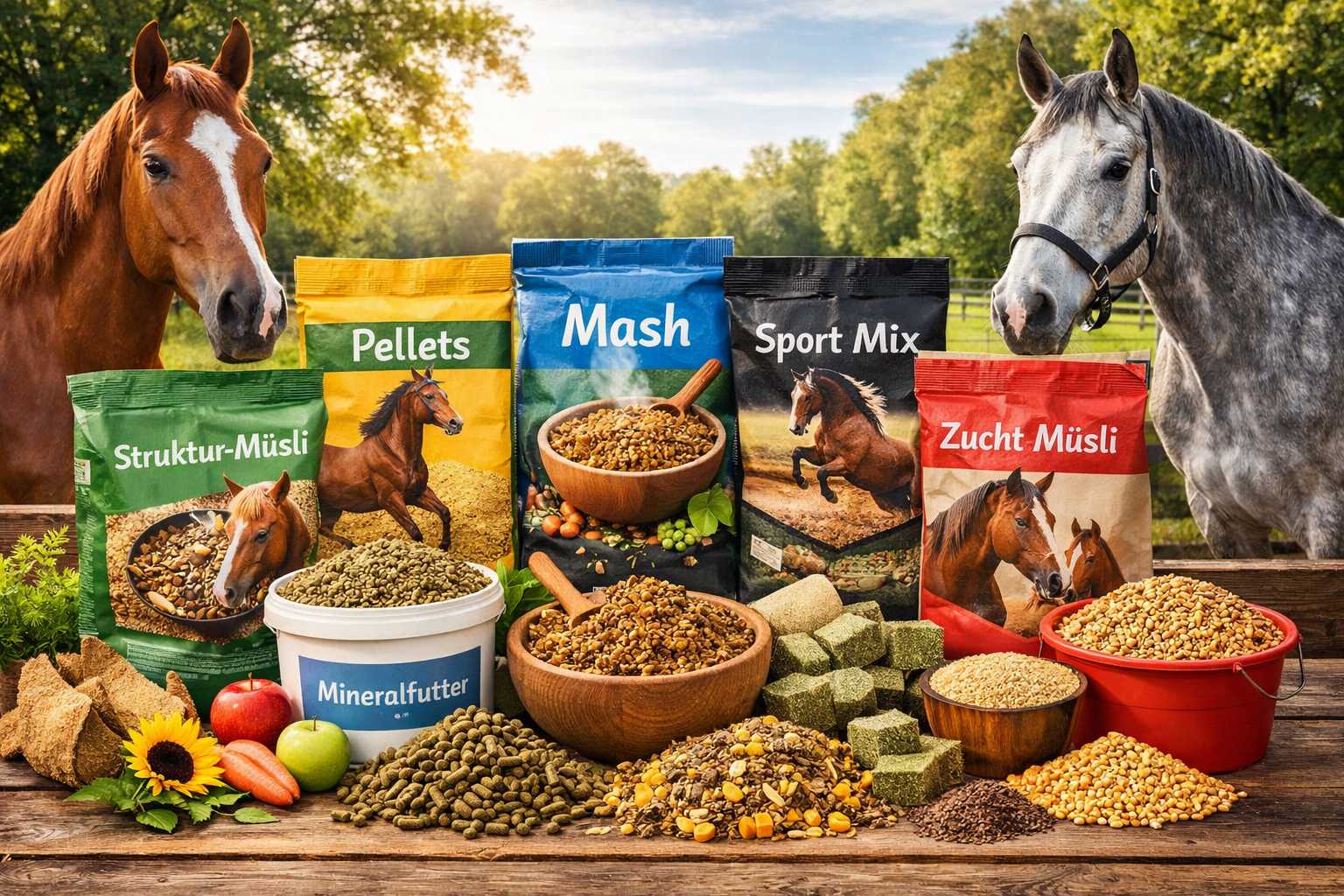 Übersicht verschiedener Pferdefutter wie Struktur-Müsli, Pellets, Mash, Sport Mix, Zucht Müsli und Mineralfutter mit zwei Pferden im Hintergrund