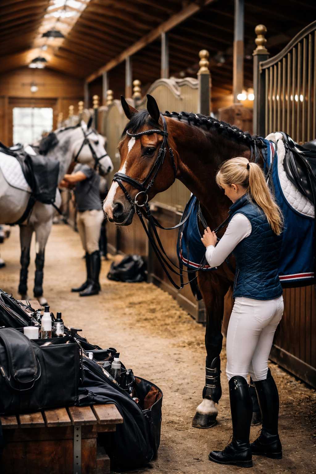 Reiterin pflegt und sattelt ein Pferd im Stall während der Turniervorbereitung