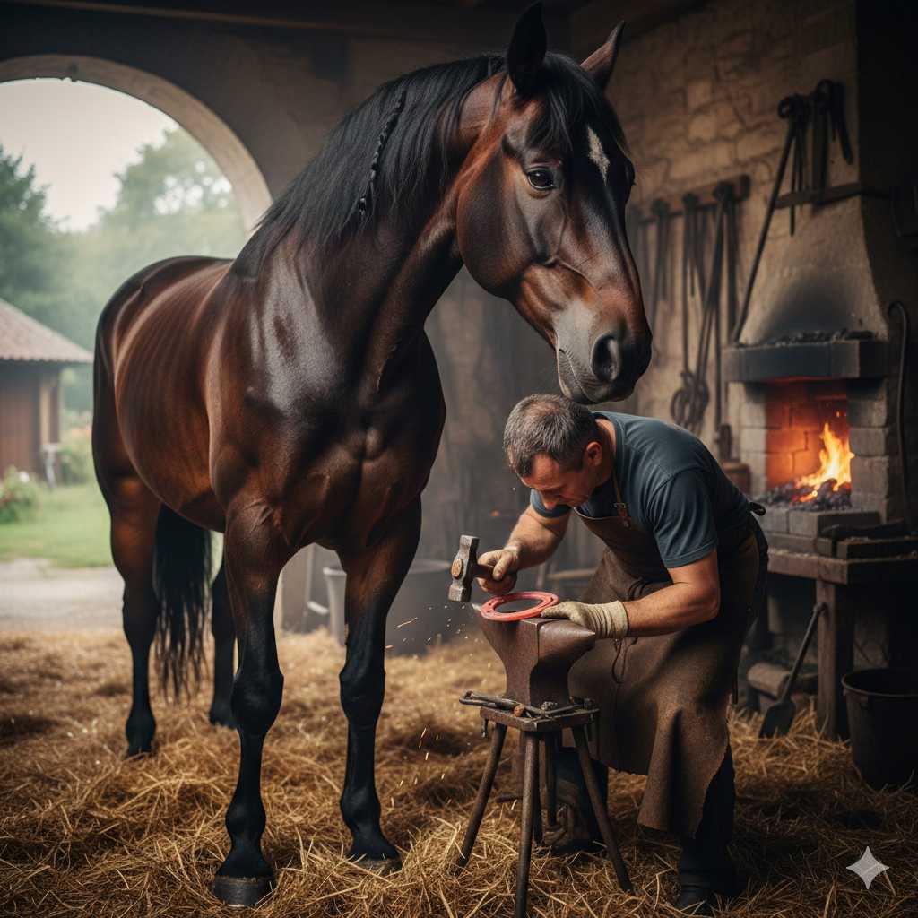 Hufschmied beschlägt ein braunes Pferd in einer Schmiede, im Hintergrund glüht das Feuer im Ofen, während das Pferd ruhig danebensteht.