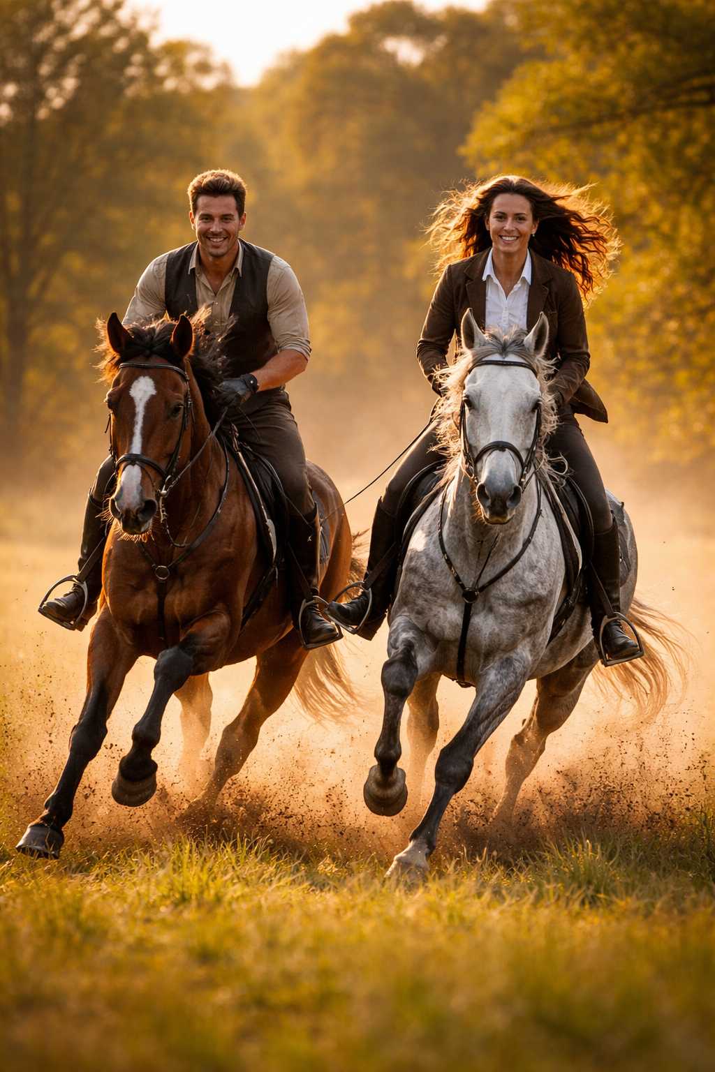 Ein Mann und eine Frau reiten im schnellen Galopp auf zwei Pferden über eine Wiese bei Sonnenlicht