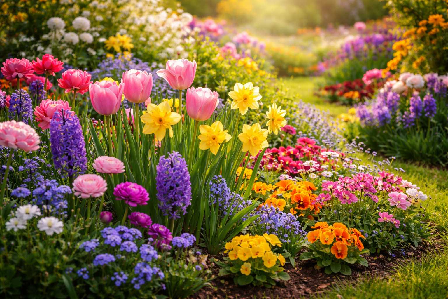 Blühendes Gartenbeet mit Tulpen, Narzissen und vielen bunten Frühlingsblumen in lebendigen Farben bei warmem Sonnenlicht