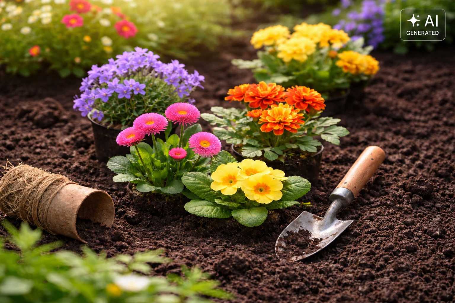 Blühende Gartenpflanzen mit Pflanzkelle und Pflanztöpfen in frischer Erde