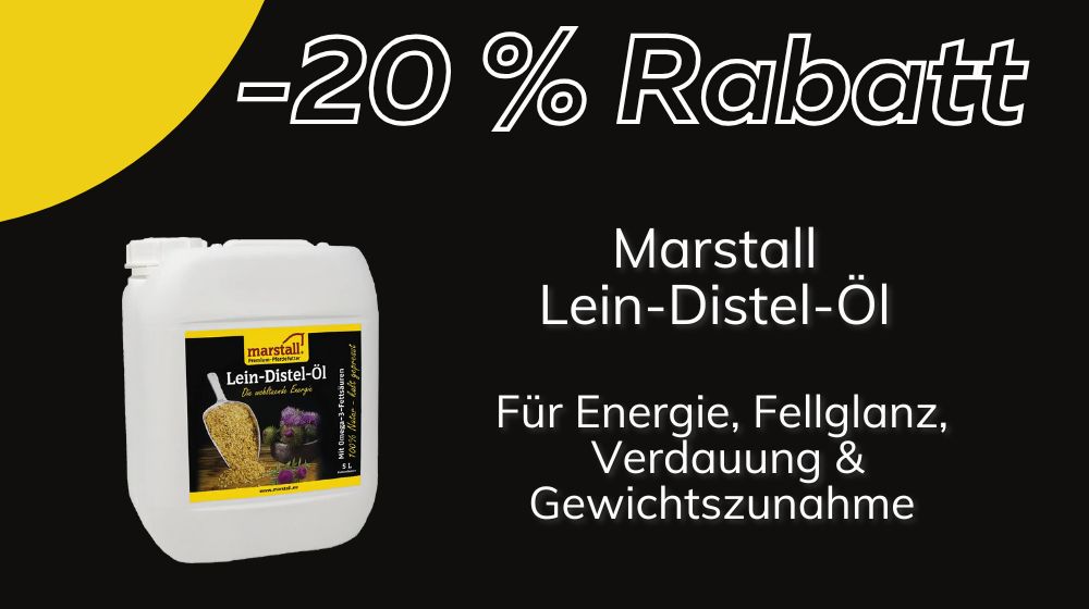 Marstall Lein-Distel-Öl für Pferde mit 20 Prozent Rabatt – unterstützt Energie, Fellglanz und Verdauung