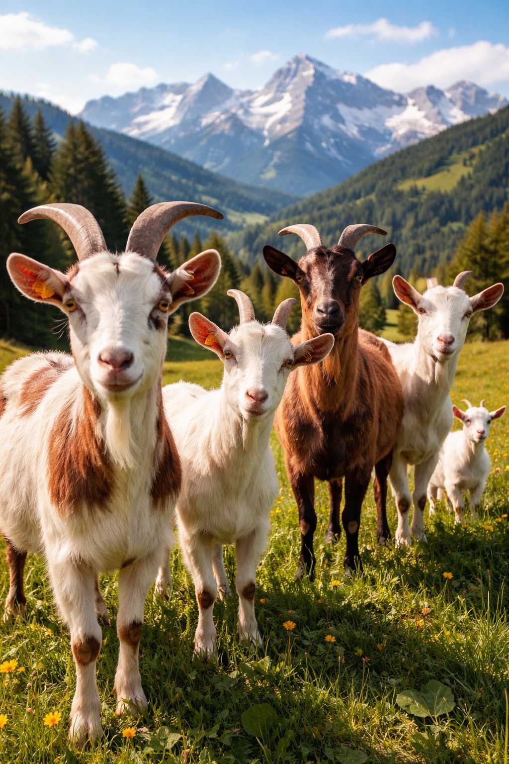 Mehrere Ziegen stehen auf einer grünen Bergwiese mit Alpenpanorama und schneebedeckten Gipfeln im Hintergrund