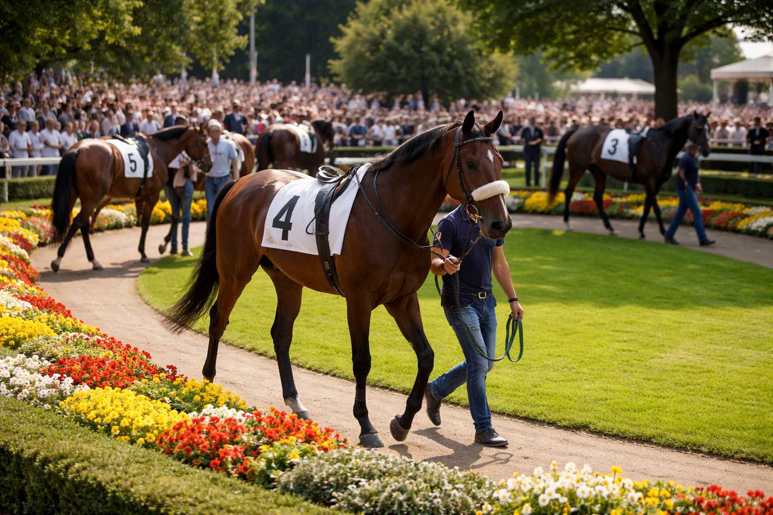 Rennpferd mit Startnummer wird von einem Führer vor einem großen Publikum auf einer Rennbahn präsentiert