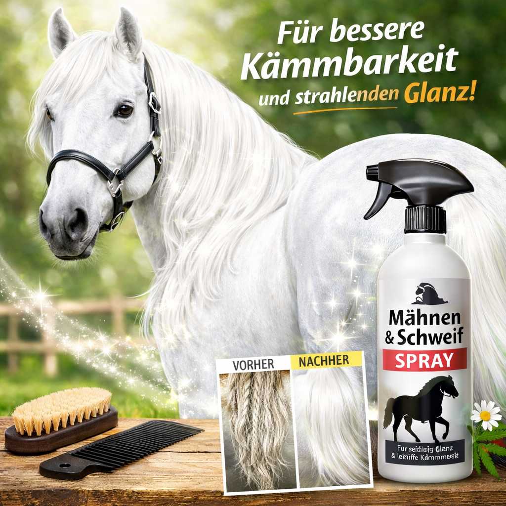 Pflegespray für Mähne und Schweif eines weißen Pferdes für Glanz und Kämmbarkeit