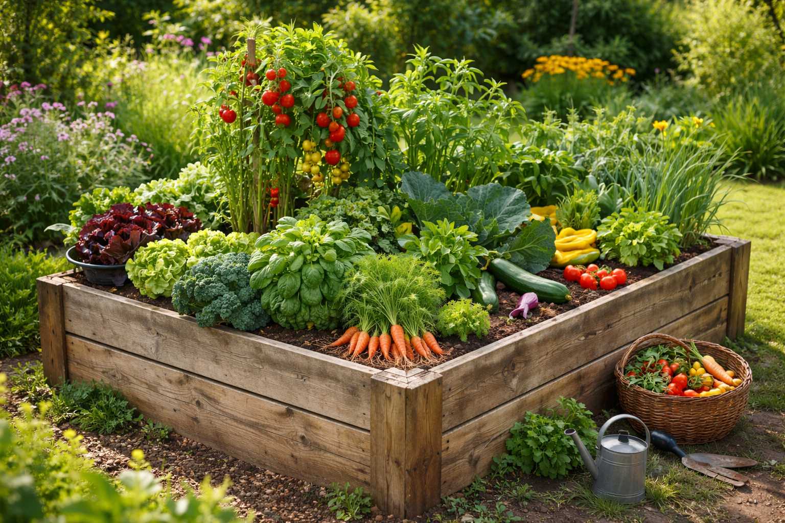 Bepflanztes Hochbeet mit Gemüse wie Tomaten, Salat, Karotten und Kräutern im Garten