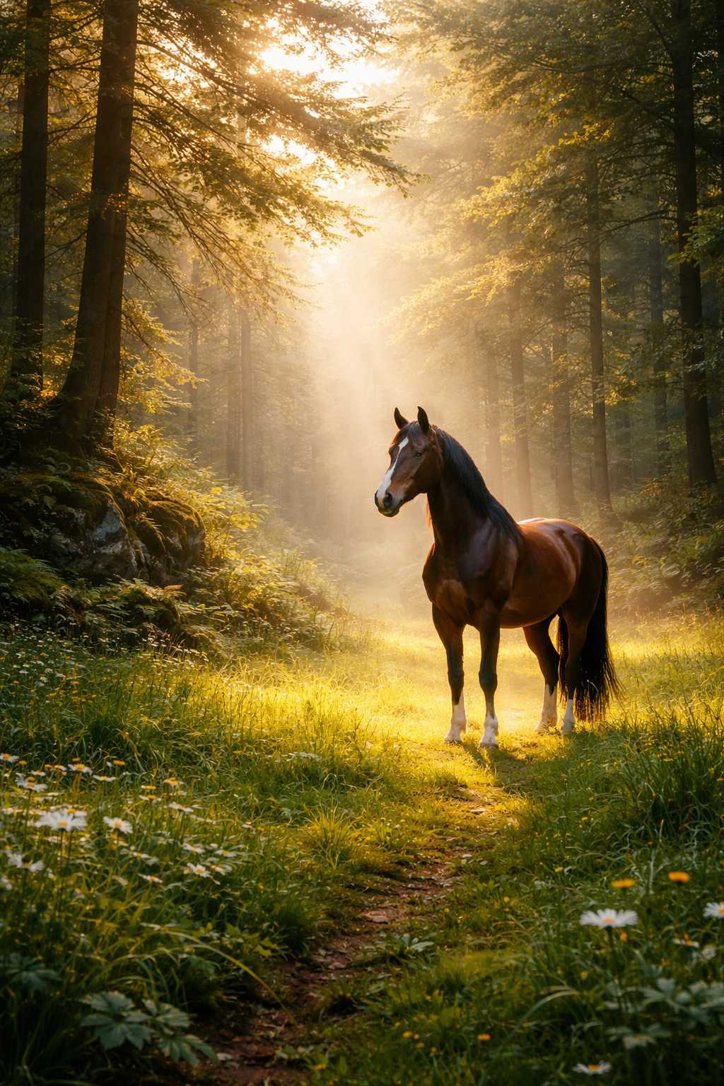 Braunes Pferd steht auf einem Waldweg im warmen Sonnenlicht, umgeben von Bäumen und grüner Natur