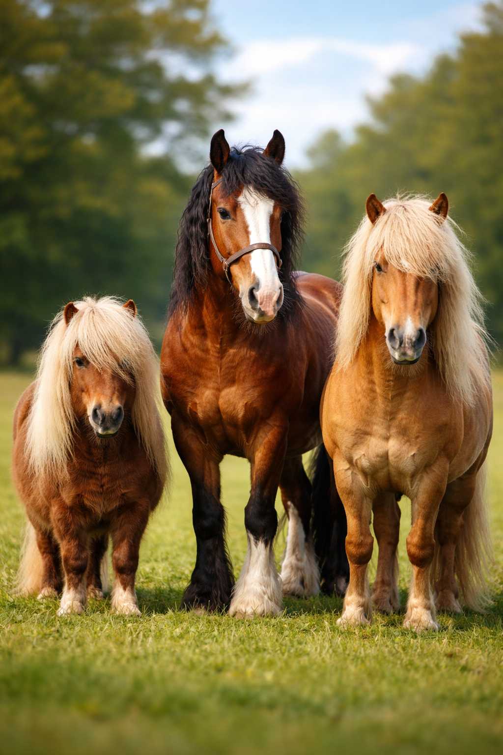 Drei Pferde unterschiedlicher Größe, darunter zwei Ponys und ein größeres Pferd, stehen gemeinsam auf einer grünen Weide