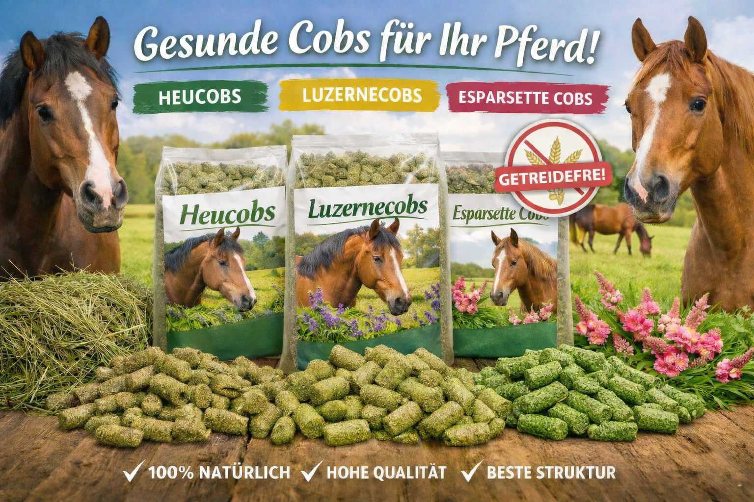 Verschiedene Cobs für Pferde wie Heucobs, Luzernecobs und Esparsette Cobs als getreidefreies Pferdefutter