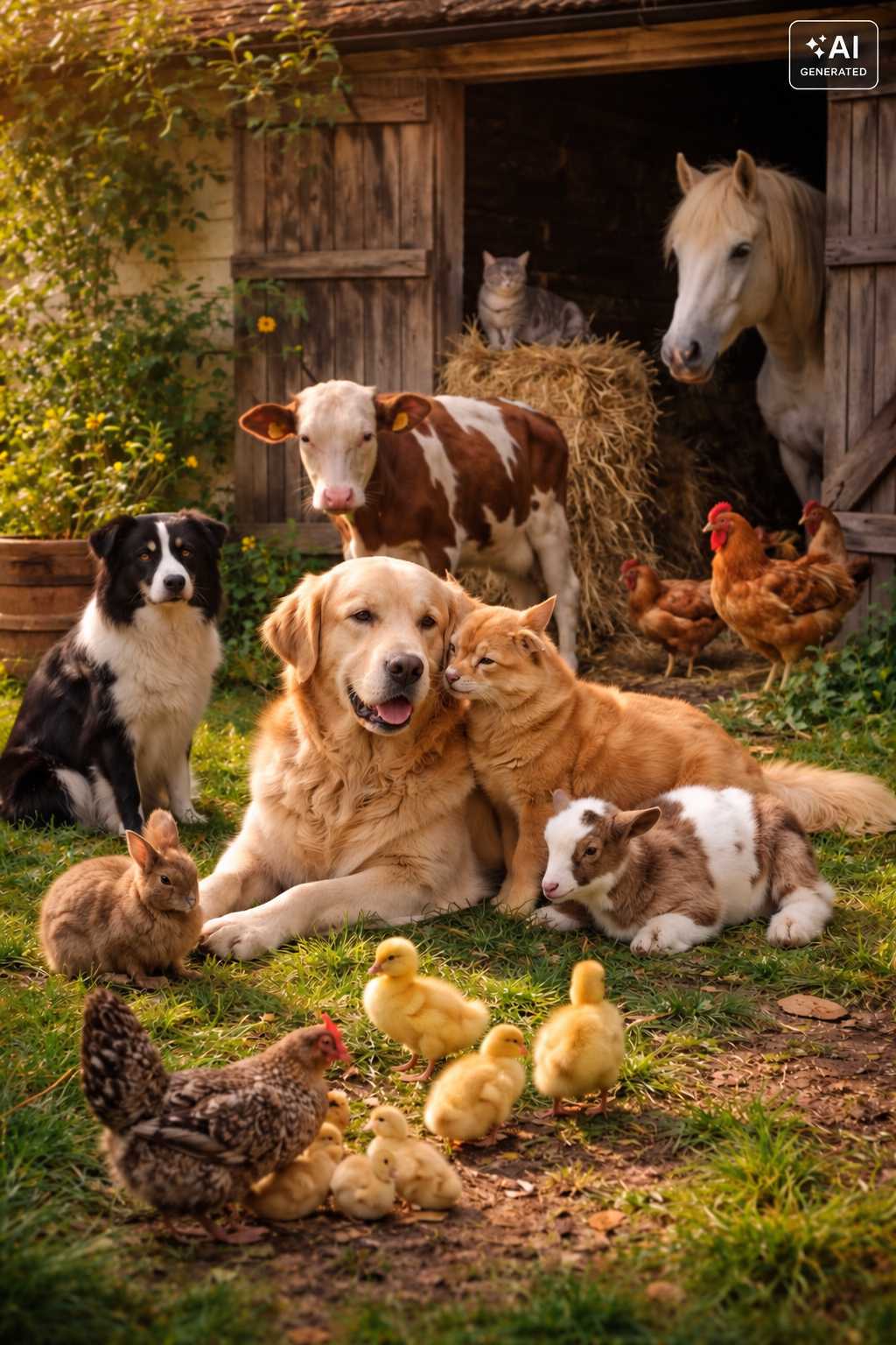 Pferd, Kalb, Hunde, Katzen, Hühner und Küken auf einem Bauernhof