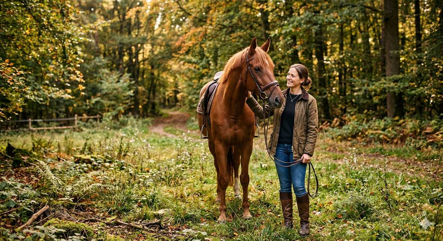 Frau führt ein gesatteltes braunes Pferd auf einem Waldweg, umgeben von grüner Natur und herbstlichen Bäumen