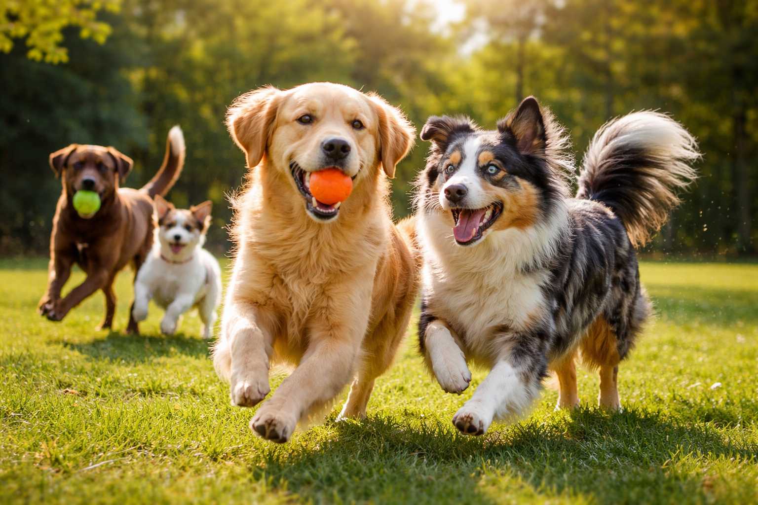 Mehrere Hunde rennen und spielen mit Bällen auf einer grünen Wiese im Park