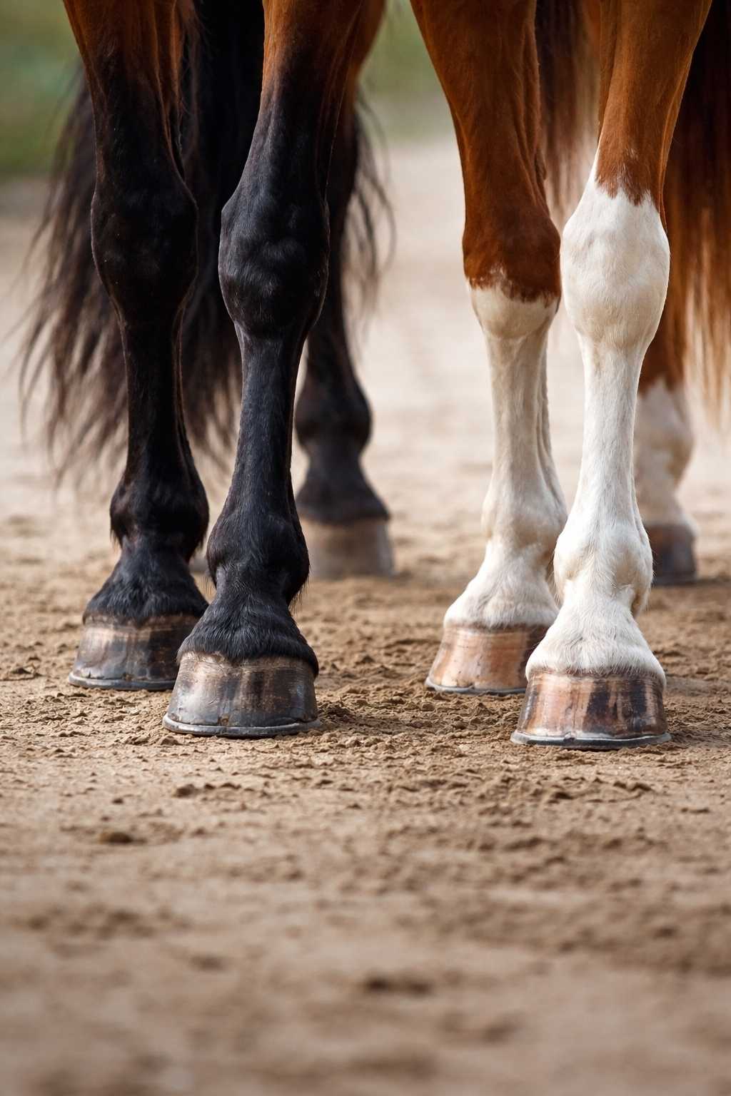 Nahaufnahme der Vorderhufe zweier Pferde auf sandigem Boden, mit gut gepflegten Hufen und unterschiedlichen Fellfarben an den Beinen