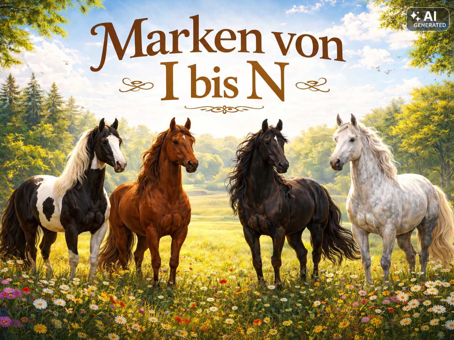 Vier Pferde in Schwarz-Weiß, Braun, Schwarz und Weiß stehen auf einer grünen Blumenwiese. Darüber steht der Schriftzug „Marken von I bis N“.