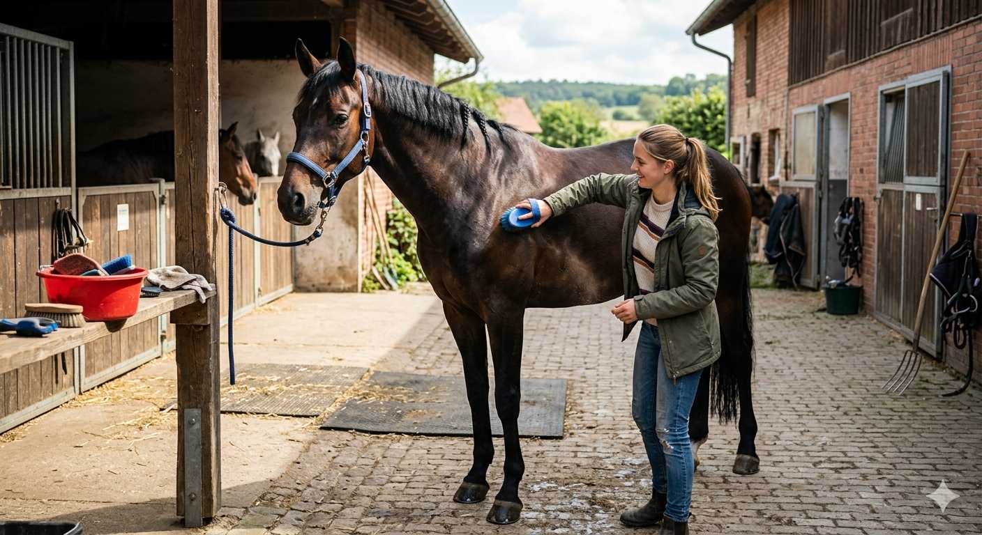 Frau striegelt ein Pferd im Hof eines Stalls mit einer Bürste, während Pflegeutensilien daneben liegen