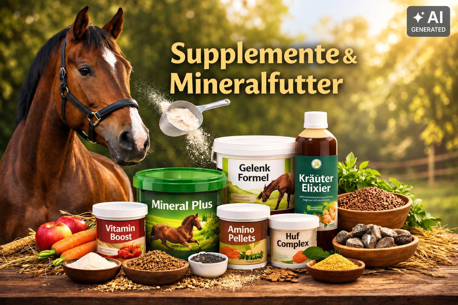 Braunes Pferd neben verschiedenen Ergänzungsfuttermitteln wie Mineralfutter, Kräuterelixier, Vitaminprodukten und Pellets. Im Vordergrund stehen Futterschalen mit unterschiedlichen Zutaten.