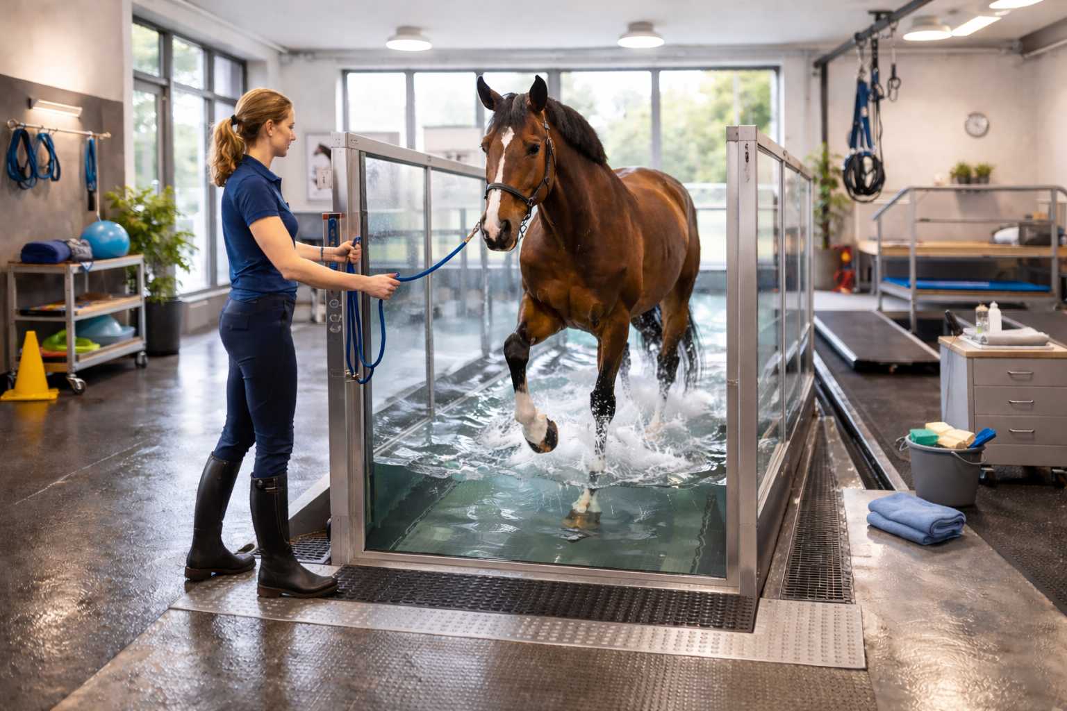 Pferd absolviert Aquatraining auf einem Unterwasserlaufband, geführt von einer Therapeutin in einer modernen Reha-Einrichtung.