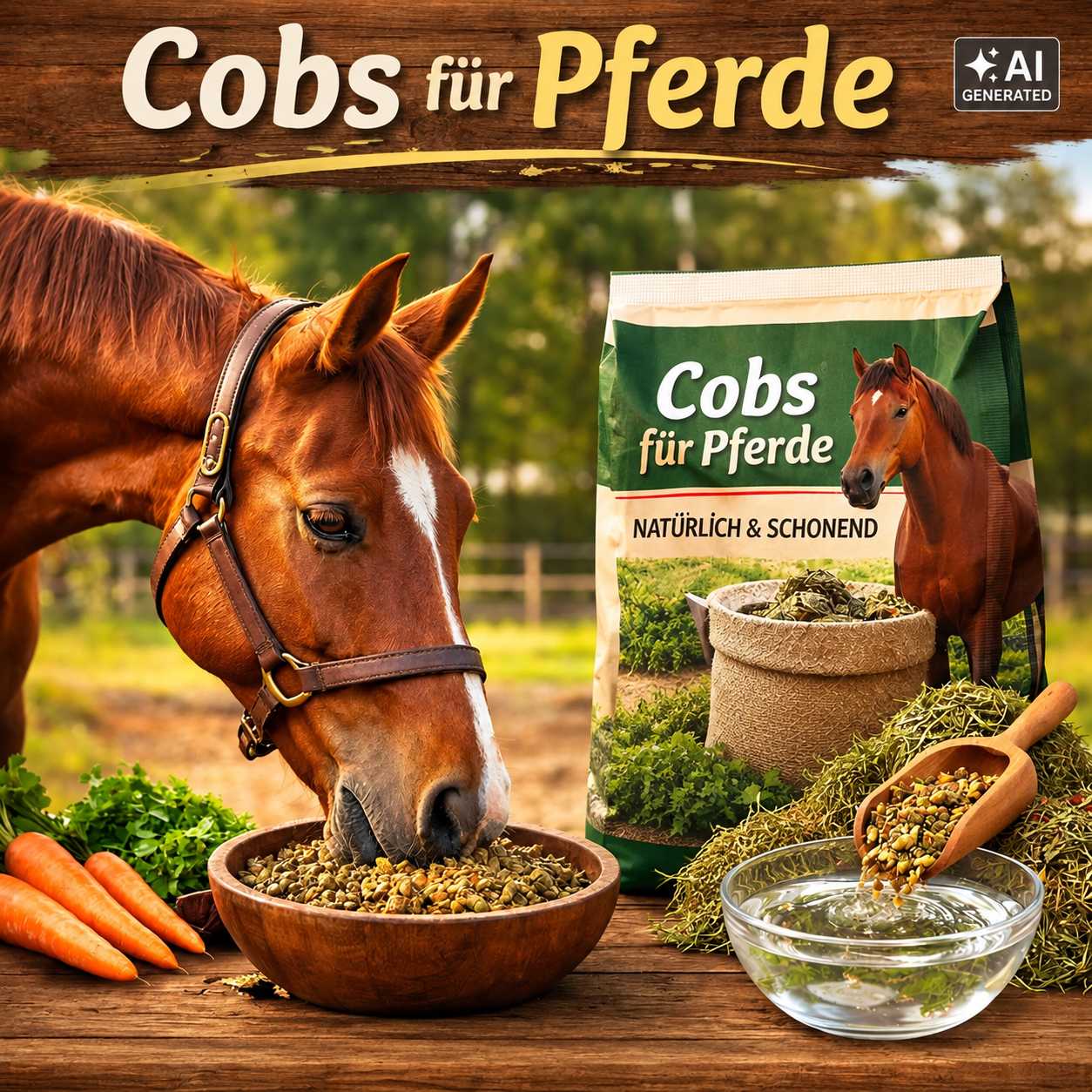 Braunes Pferd frisst Cobs aus einer Holzschüssel. Daneben stehen ein Futtersack mit Cobs für Pferde, Heu, Karotten und eine Wasserschale zum Einweichen.