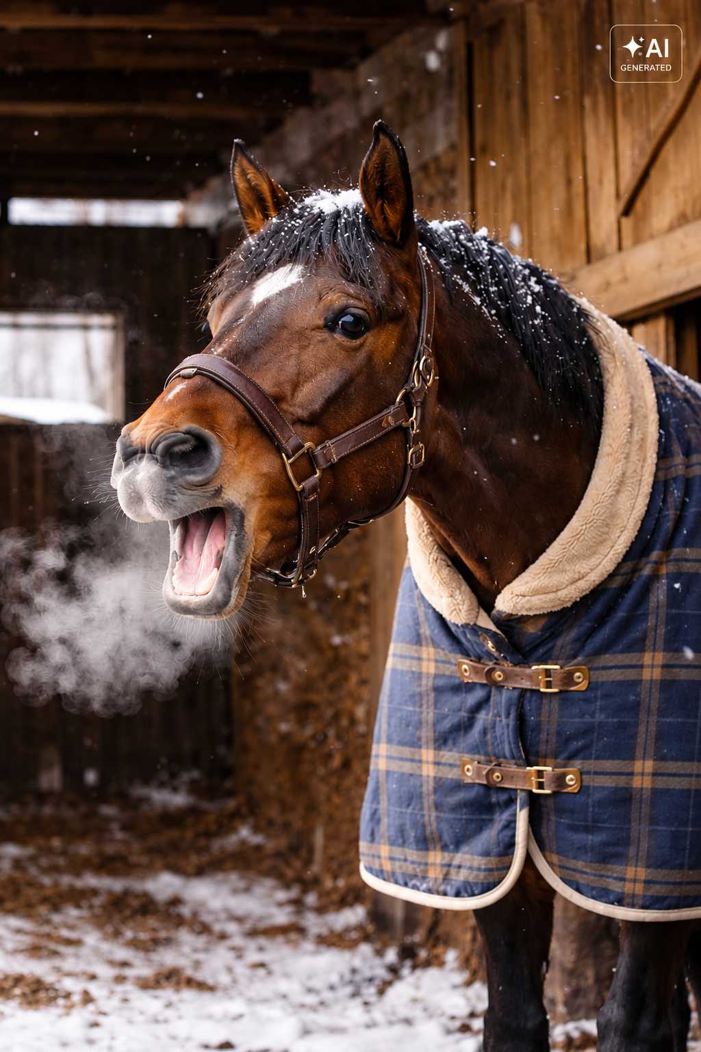 Braunes Pferd mit Winterdecke vor einem Stall