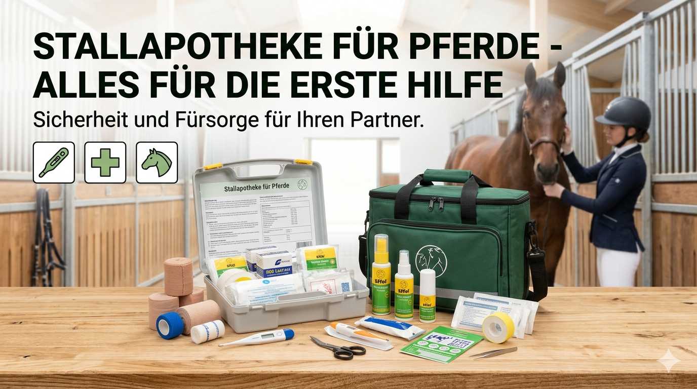 Stallapotheke für Pferde mit Verbandsmaterial, Thermometer und Erste-Hilfe-Produkten im Stall neben einem Pferd