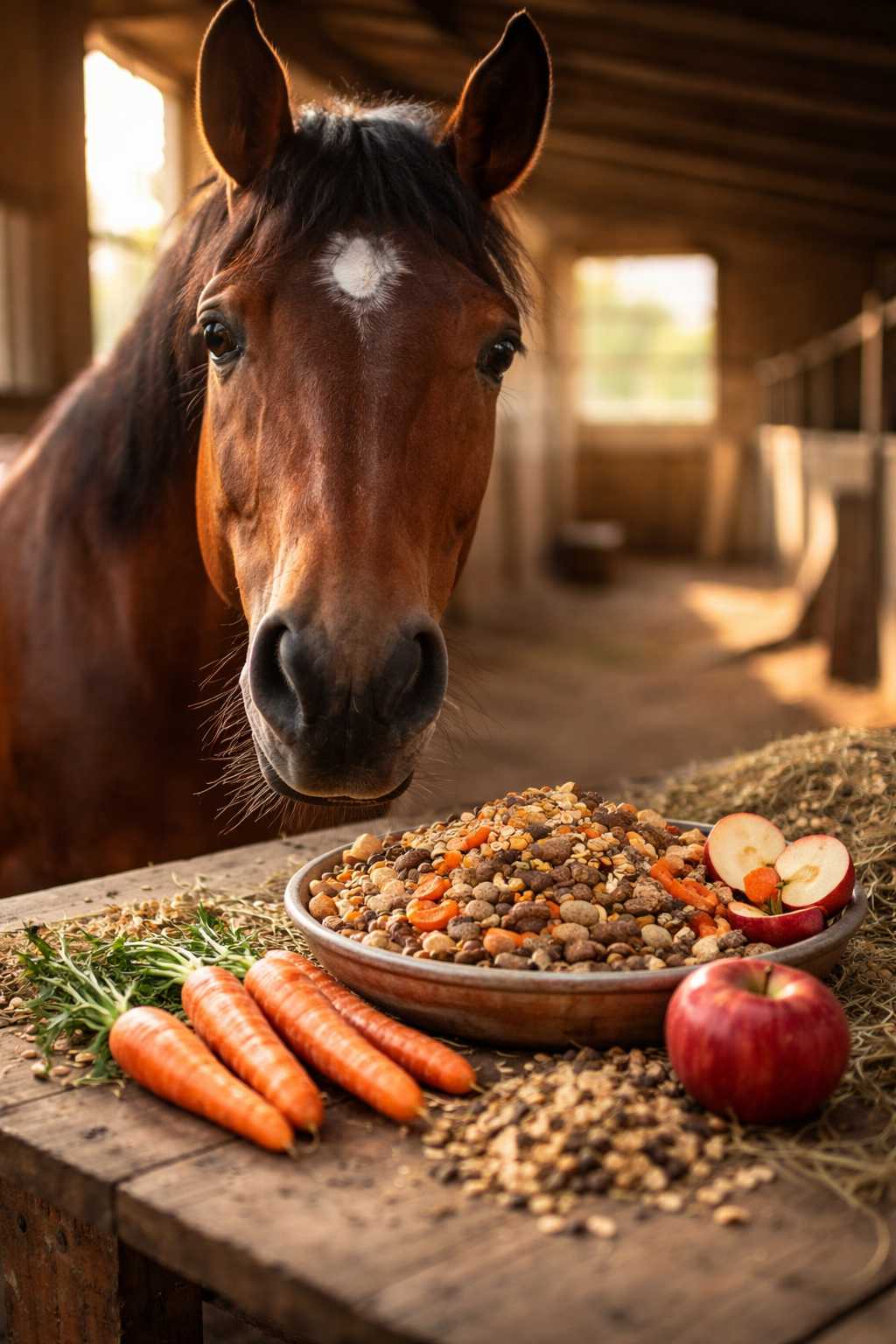 Braunes Pferd schaut auf einen Futterteller mit Pellets, Getreide, Karotten und Apfelstücken in einem Stall