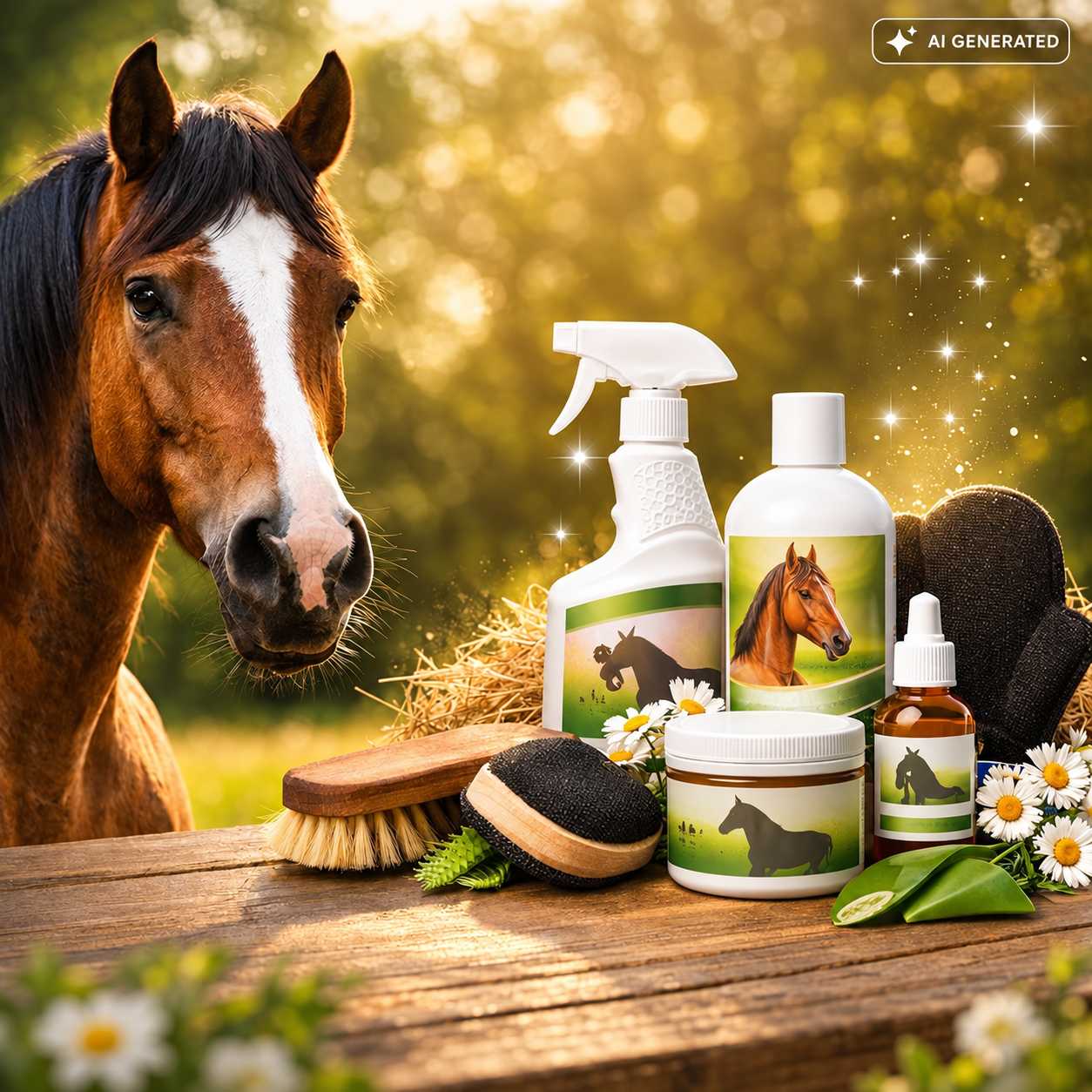 Braunes Pferd mit weißer Blesse neben verschiedenen Pferdepflegeprodukten, Bürsten, Schwämmen und Pflegezubehör auf einem Holztisch.