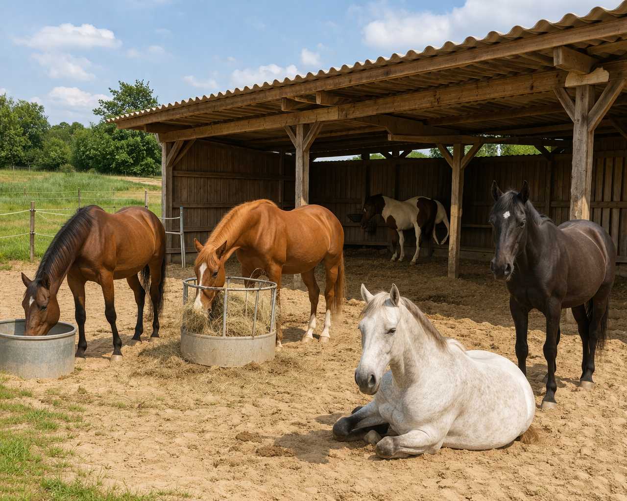 Mehrere Pferde stehen und liegen entspannt in einem Offenstall und fressen Heu aus einer Futterraufe