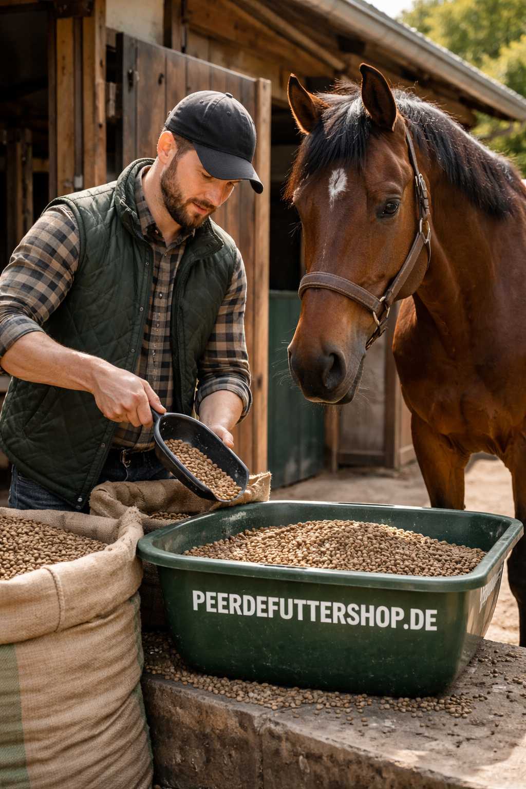 Mann füllt Pellets Pferdefutter in eine Futterwanne während ein Pferd daneben steht