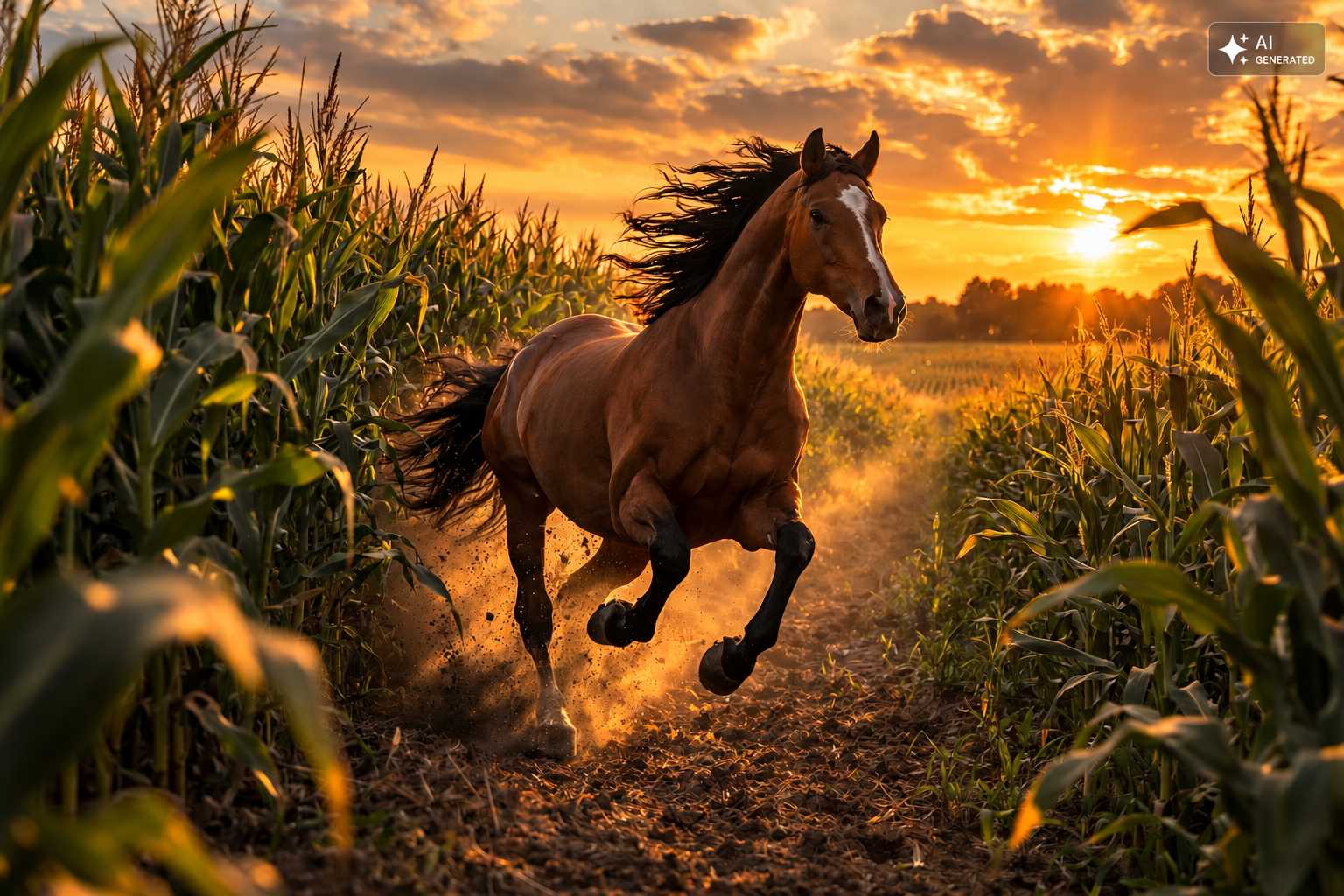Braunes Pferd mit wehender Mähne galoppiert auf einem Feldweg zwischen hohen Maispflanzen. Die untergehende Sonne taucht die Landschaft in warmes Licht.