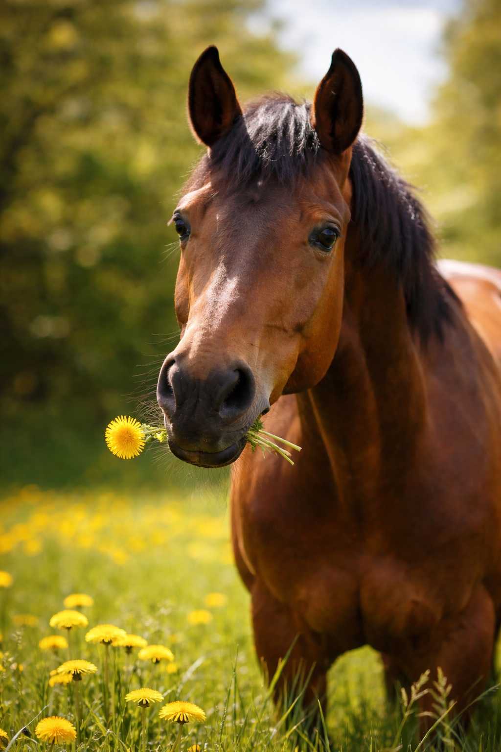 Braunes Pferd frisst Löwenzahn auf einer grünen Wiese als natürliche Nahrung für Pferde