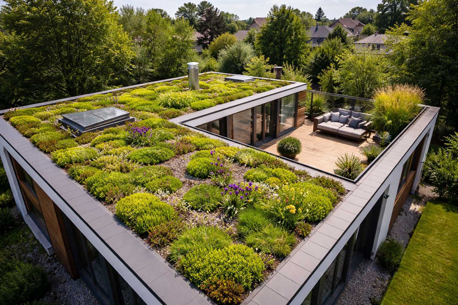 Modernes Haus mit begrüntem Flachdach, vielfältiger Bepflanzung und gemütlicher Dachterrasse mit Sitzmöbeln