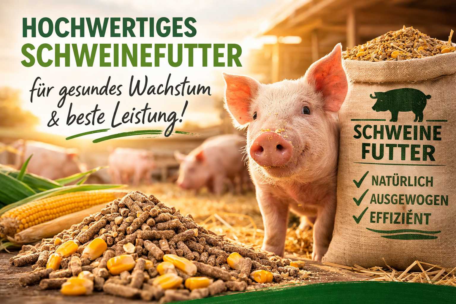 Ferkel auf dem Bauernhof neben Sack mit Schweinefutter und Pellets aus Mais und Getreide